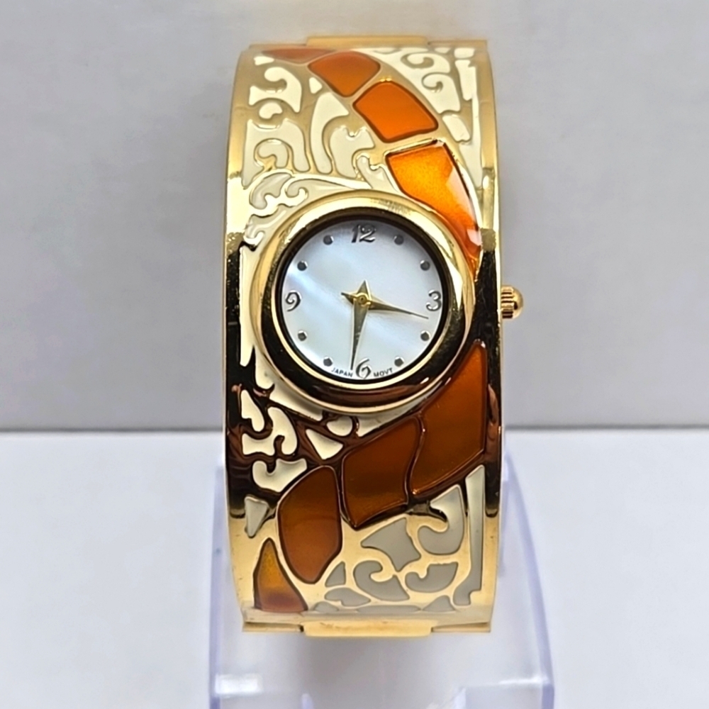 Avon Gold Tone Enamel Cuff Bracelet Quartz Watch MOP New Battery Japan Ladies